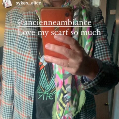 Alice Sykes wearing Ancienne Ambiance luxury scarf - minerva mosaic print scarf