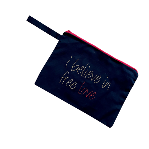 MELISSA wear your heart - i believe in free love embroidered clutch bag - ancienne ambiance - large canvas pouch front view