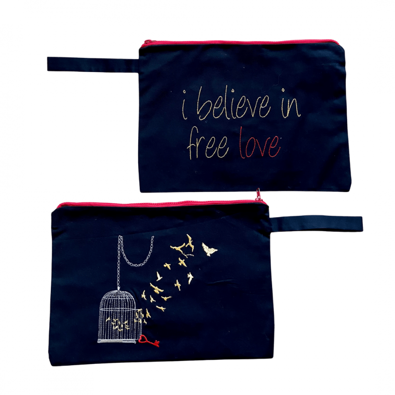 MELISSA wear your heart - i believe in free love embroidered clutch bag - ancienne ambiance - large canvas pouch