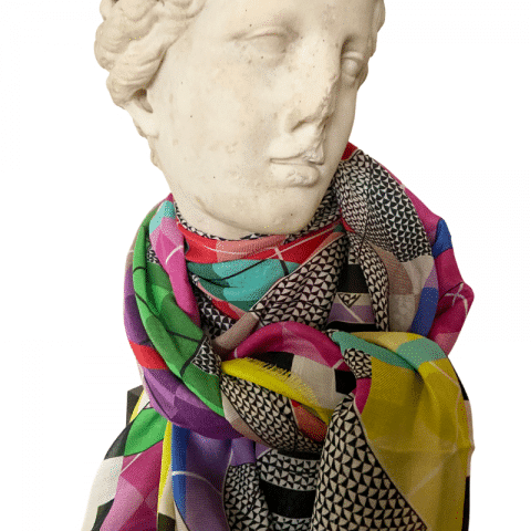 goddess statue - aphrodite pink greek key cashmere blend scarf - ancienne ambiance