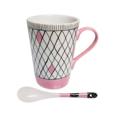 Porcelain Mug Set - Hand-Painted Porcelain | Pink Monochrome Mug & Spoon